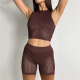 Sexy Perspective Knitted Sleeveless Vest High Waist Bag Hip Show Thin Shorts Suit