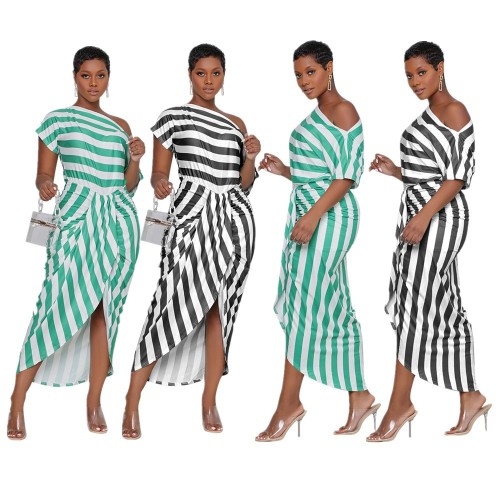 women's striped off shoulder irregular dress