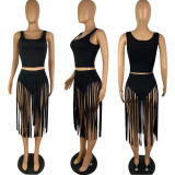 solid color fringed dress nightclub dress two piece set