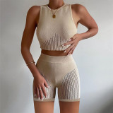 Sexy Perspective Knitted Sleeveless Vest High Waist Bag Hip Show Thin Shorts Suit
