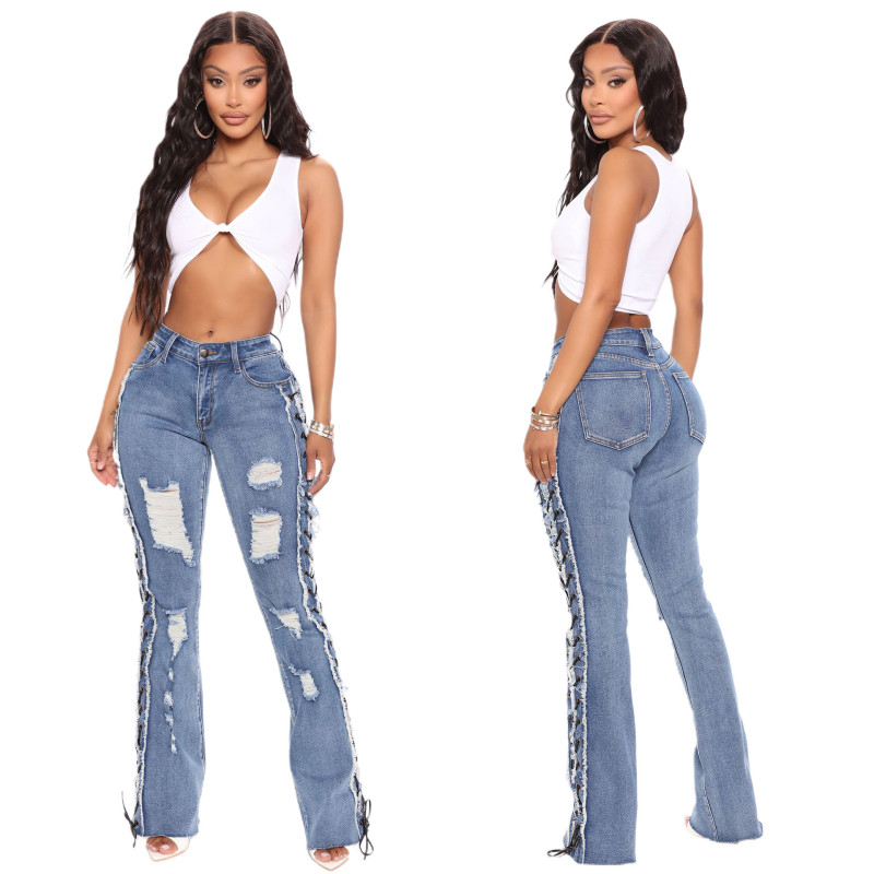 Eyelet Rope High Elastic Sexy Slim Ripped Denim Trousers