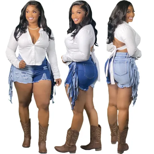 Stylish Slim Fit Trend Paneled Stretch Denim Fringe Shorts