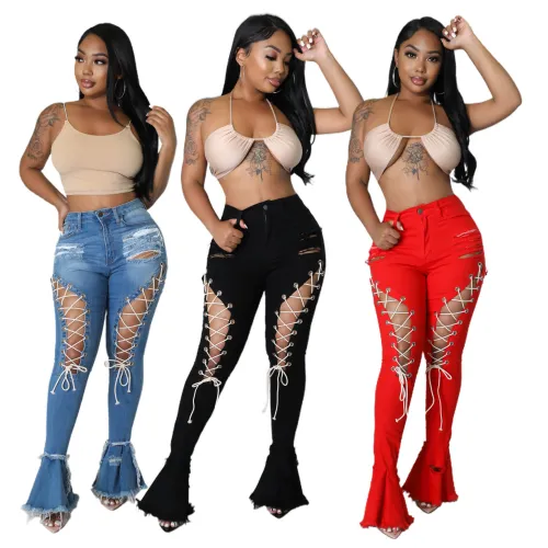 Mid Waist Vintage Shredded Stretch Eyelet Bandage Mopping Denim Flared Pants