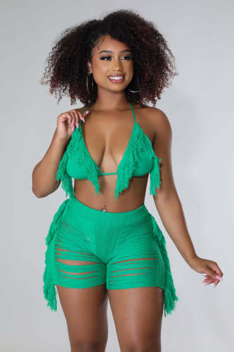 Stretch Sheer Knit Fringe Beach Shorts Cup Set