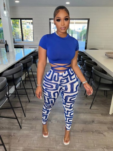 Ladies Fashion Print Pants Short Sleeve Two Piece Casual Suit