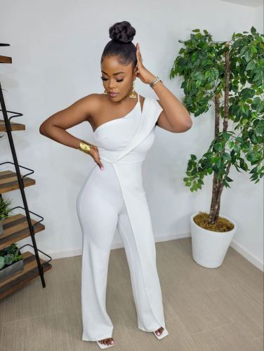 Fashion Casual One Shoulder Back Invisible Zipper Sleeveless Wide Leg Jumpsuit