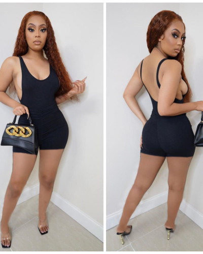 Sexy pleated deep U backless vest slim jumpsuit
