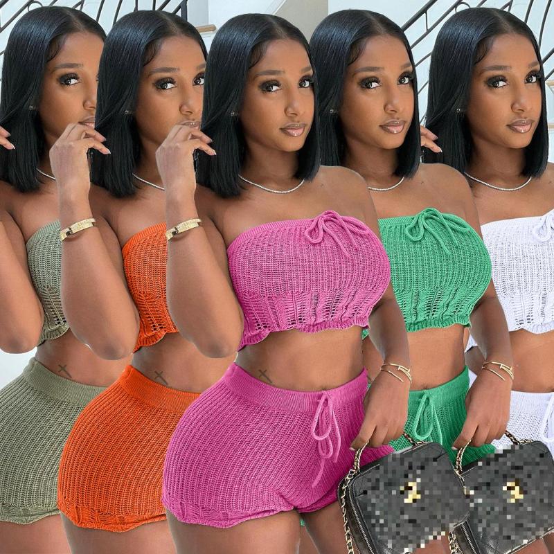 Women's Casual Sexy Wrap Chest Shorts Sweater Two Piece Set
