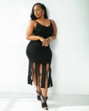 Solid color fringed plus size dress