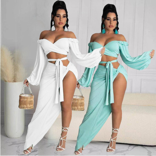 Long-sleeved chest-wrap knitted fashion loose solid color suit skirt