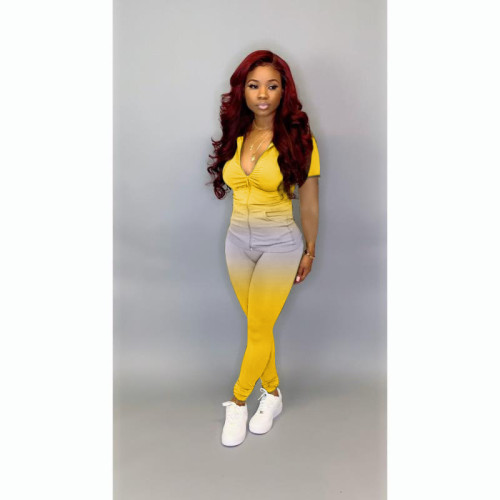 Gradient Zip Pocket Hooded Short Sleeve Two Piece