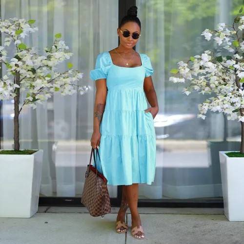 Fashion Lace Up Bow Dress Women's High Waist Short Sleeve Mid Skirt