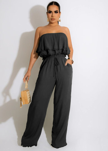 Women's Solid Color Sleeveless Casual Wrap Chest Ruffle Jumpsuit