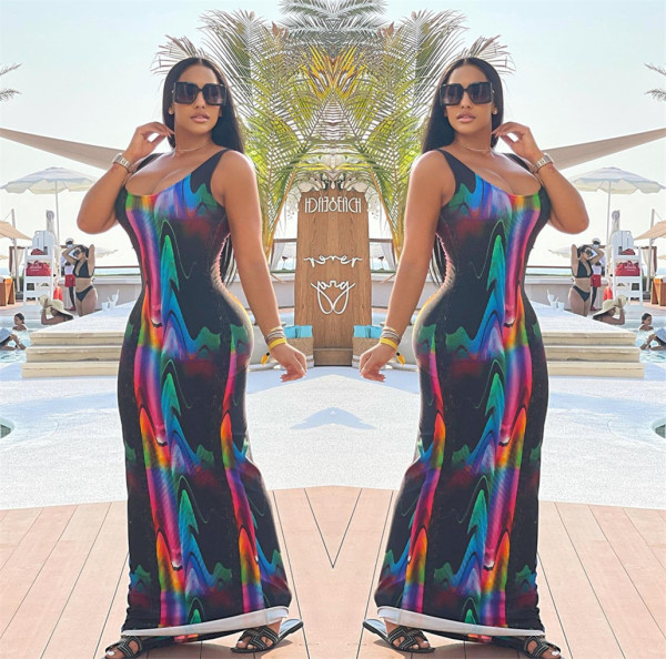 Sexy Ladies Summer Fashion Print Slim Fit Low Cut Sexy Long Dress