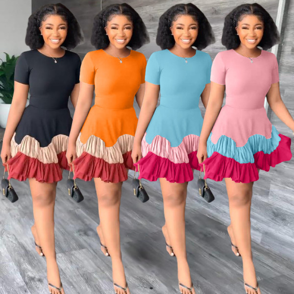 Colorblock Short Sleeve Pleated Dress