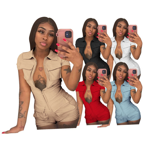 Zip Pocket Solid Cargo Jumpsuit