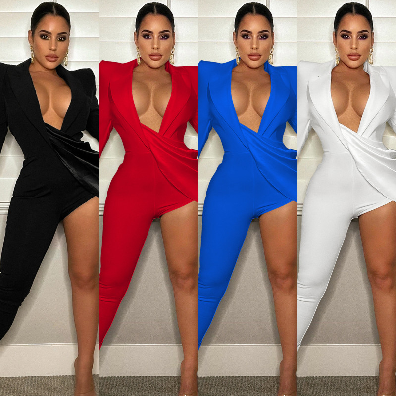 Fashion New Sexy Solid Color Tight V-Neck Long Sleeve Jumpsuit