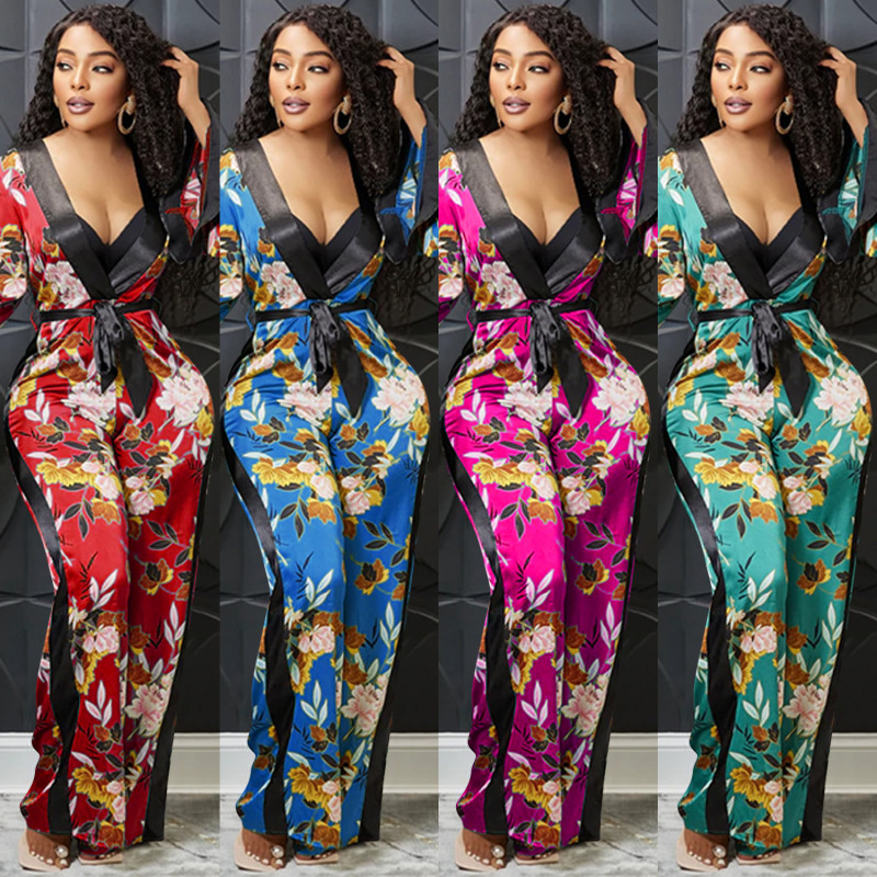 Fashion Sexy Print Deep V Long Sleeve Lace Up Trousers Jumpsuit