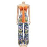 Two-piece set of fashionable strapless open-back printed slit trousers