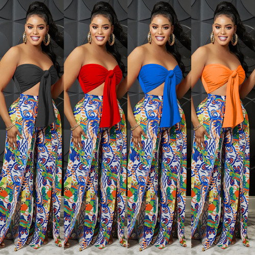 Two-piece set of fashionable strapless open-back printed slit trousers