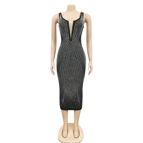 Fashionable suspenders sexy tight V-neck hot diamond dress