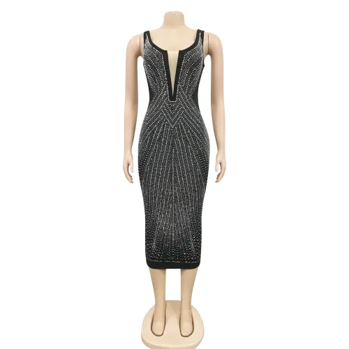 Fashionable suspenders sexy tight V-neck hot diamond dress