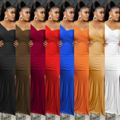 Fashion Solid Color Party Tight One Shoulder Sleeve Dress Long Skirt Women