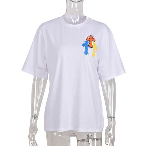 Cross-shaped cropped navel short-sleeved round neck top T-shirt