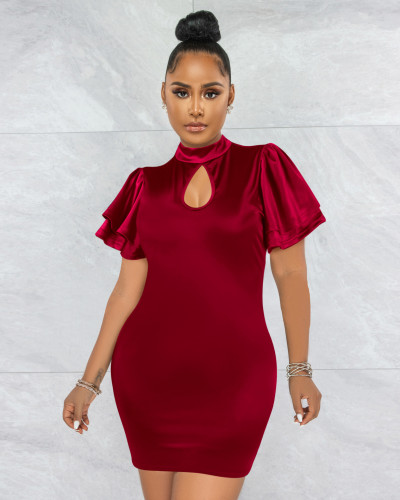 Round neck lotus leaf sleeves, sexy slim fit hip dress, nightclub women's clothing