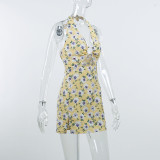 Metal Hollow Floral Deep V Beautiful Back Sexy Pack Hip Halter Dress
