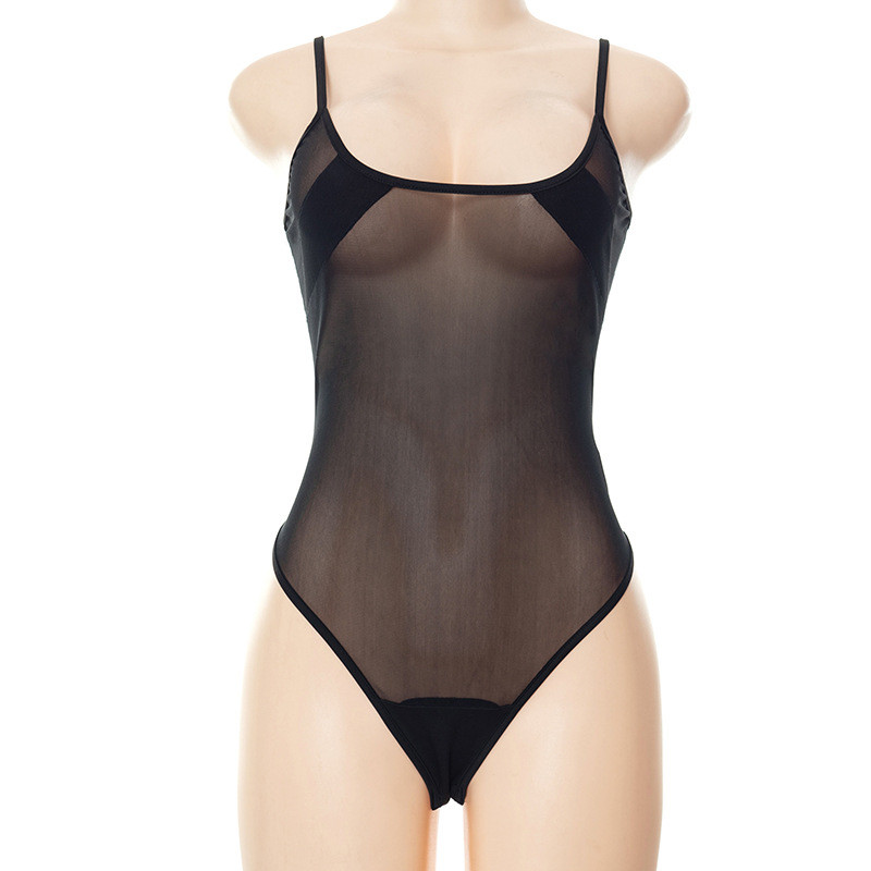 New mesh see-through suspenders stitching tight sexy jumpsuit