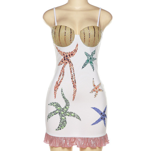 Fashion Sexy Babes Sling Backless Print Hot Drill Slim Dress