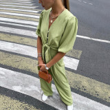 French Casual Puff Sleeve Shirt Suit Women Loose High Waist Wide Leg Pants Green