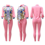 Casual Versatile Fashion Commuter Tight Puff Sleeve Suit Top + Pants