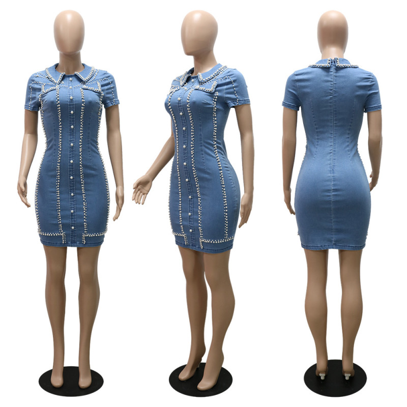 Pack hip A-line short-sleeved short skirt bubble bead craft denim dress