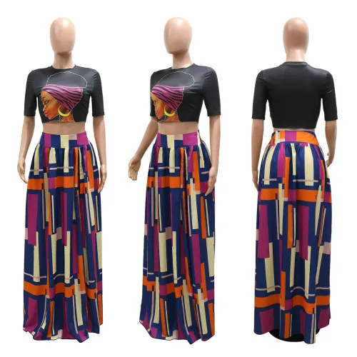 Fashionable summer short top with large side slit skirt printing two-piece set