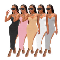 Sexy suspenders low-cut open-back solid color slim-fit slit bag hip dress Sexy suspenders low-cut open-back solid color slim-fit slit bag hip dress