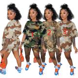 women's popular alphabet camouflage print two-piece suit