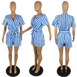 Women's Stretch Stripe Short Sleeve High Waist Jumpsuit (with Pockets)