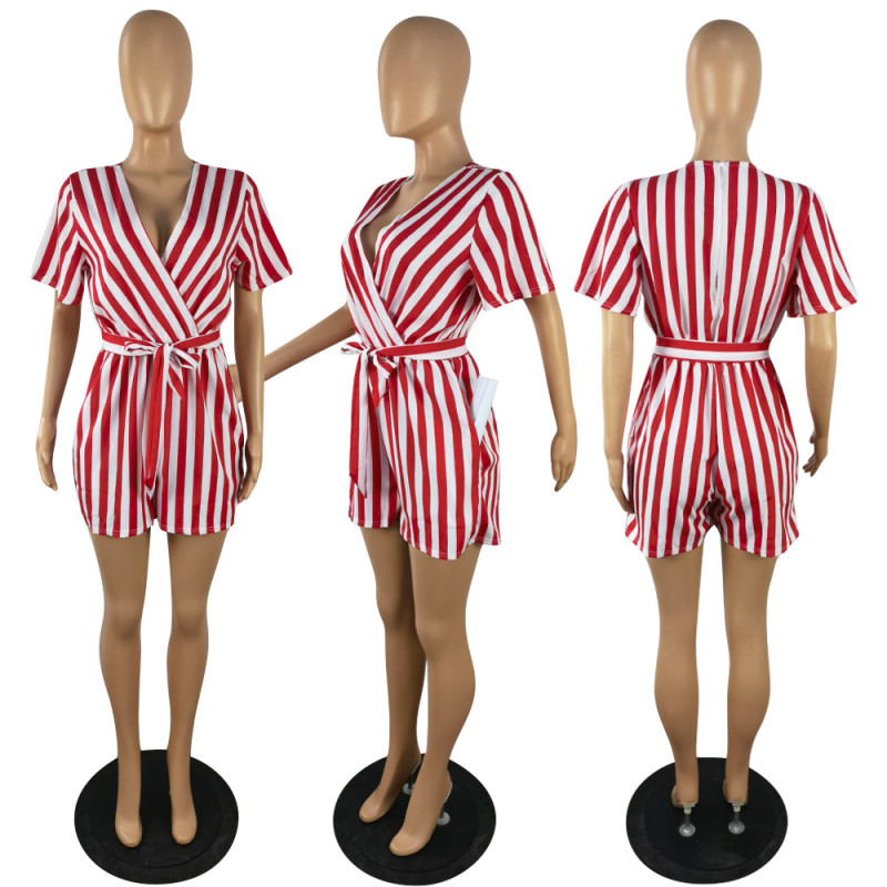Women's Stretch Stripe Short Sleeve High Waist Jumpsuit (with Pockets)