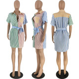 Fashion Striped Multicolor Panel Belt Dress