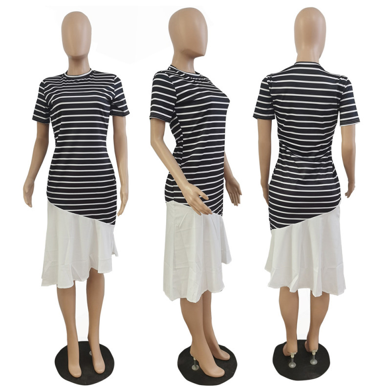 Multicolor Striped Print Panel Short Sleeve Dress Without Belt