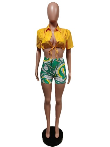 Shirt lace-up shorts printed tracksuit
