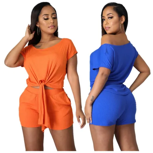 Round neck short sleeve self-tie tie two-piece set