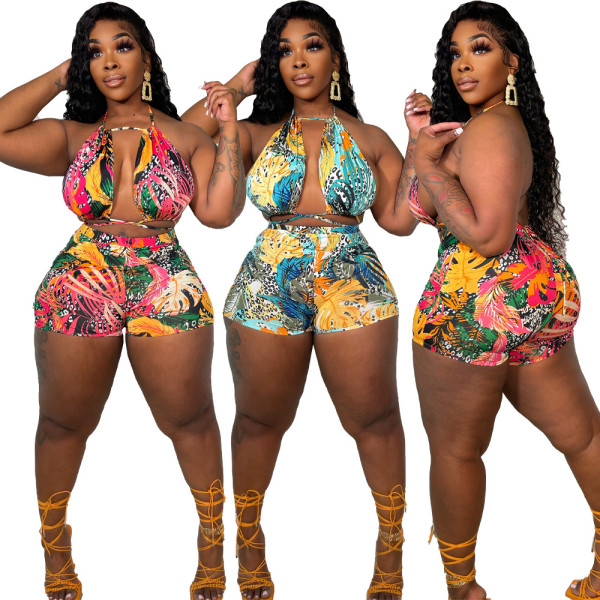 Printed sleeveless lace-up two-piece set