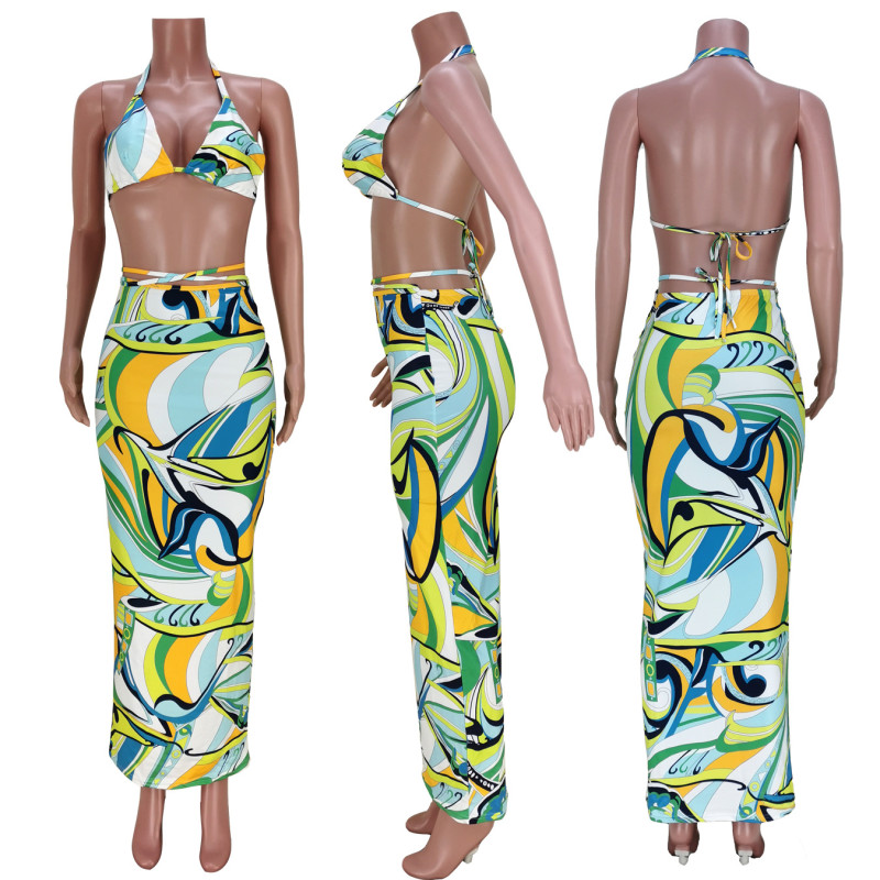 Sexy Wrap Tie Print Dress Two-Piece Set