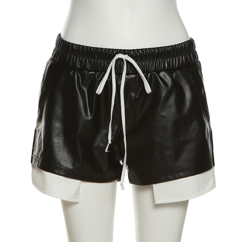 Fashion Contrast Color Faux Leather Lace High Waist Bag Hip Tight Casual Shorts Women