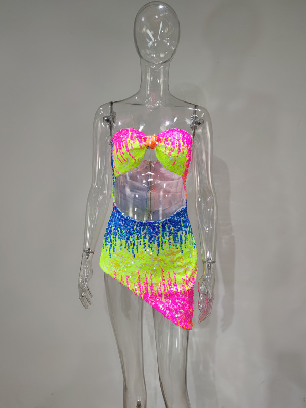 Sexy Nightclub Skinny Cutout Irregular Tube Top Colorful Sequin Dress