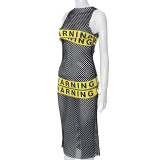 Letter Patch Crew Neck Sleeveless Mesh Sheer Maxi Dress