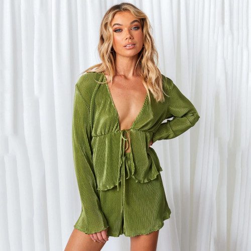 Ruffled T-Shirt Two Piece Solid Color Long Sleeve Tie High Waist Shorts Set